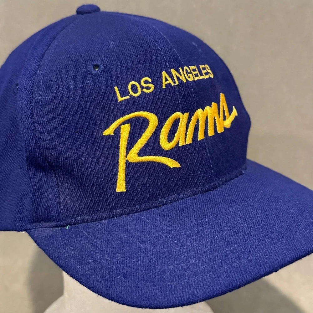 Vintage Los Angeles Rams Snapback Hat Blue Yellow NFL Script Embroidered Cap